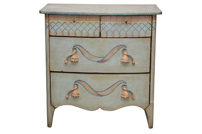 Lot 111 - AN ITALIAN PAINTED AND DISTRESSED BOW FRONT CHEST, ATTRIBUTED TO PATINA, LATE 20TH CENTURY
