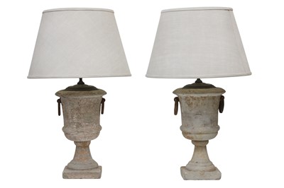 Lot 540 - A PAIR OF PAINTED AND DISTRESSED TERRACOTTA TABLE LAMPS