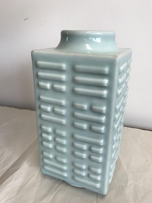 Lot 245 - A CHINESE CELADON-GLAZED CONG-SHAPED 'EIGHT TRIGRAMS' VASE.