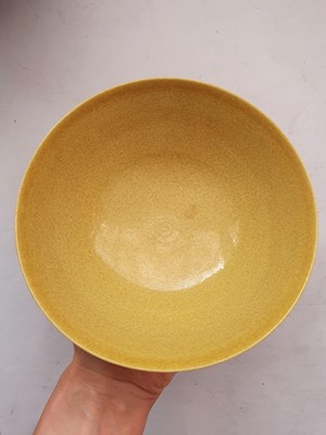 Lot 966 - A CHINESE YELLOW-GLAZED 'DRAGON' BOWL.