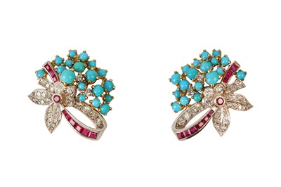 Lot 5 - A PAIR OF TURQUOISE, RUBY AND DIAMOND EARCLIPS