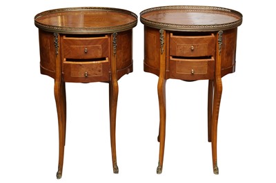 Lot 127 - A PAIR OF FRENCH WALNUT AND BURR ELM OVAL BEDSIDE TABLES