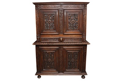 Lot 206 - A FRENCH 16TH CENTURY STYLE CARVED WALNUT BUFFET DEUX CORPS