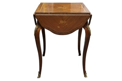 Lot 144 - A 19TH CENTURY STYLE FRENCH INLAID KINGWOOD AND CROSSBANDED DROP LEAF TABLE