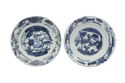 Lot 486 - TWO CHINESE BLUE AND WHITE 'DEER' DISHES.