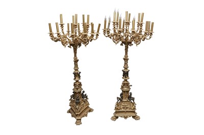 Lot 212 - A PAIR OF ITALIAN GILT AND STATUARY BRONZE EIGHTEEN BRANCH CANDELABRA, IN THE MANNER OF GIUSEPPE MICHIELI
