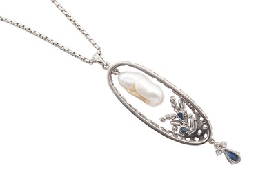 Lot 31 - A baroque pearl, sapphire and diamond pendant necklace