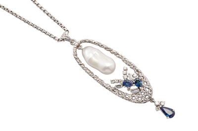 Lot 31 - A baroque pearl, sapphire and diamond pendant necklace