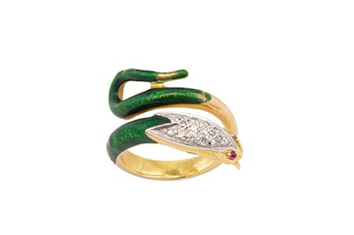 Lot 115 - A. Daou I A green enamel, diamond and ruby ring, circa 1965