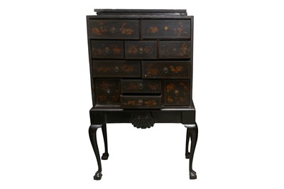 Lot 1130 - AN ENGLISH BLACK JAPANNED CABINET ON STAND, 18TH CENTURY AND LATER
