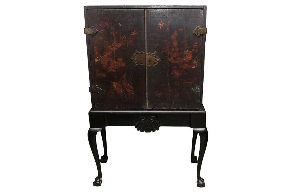 Lot 1130 - AN ENGLISH BLACK JAPANNED CABINET ON STAND, 18TH CENTURY AND LATER