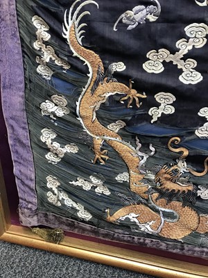 Lot 383 - A CHINESE EMBROIDERED 'DRAGON' CUSHION COVER.