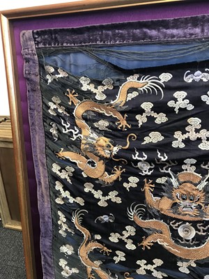 Lot 383 - A CHINESE EMBROIDERED 'DRAGON' CUSHION COVER.