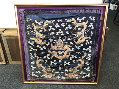 Lot 383 - A CHINESE EMBROIDERED 'DRAGON' CUSHION COVER.