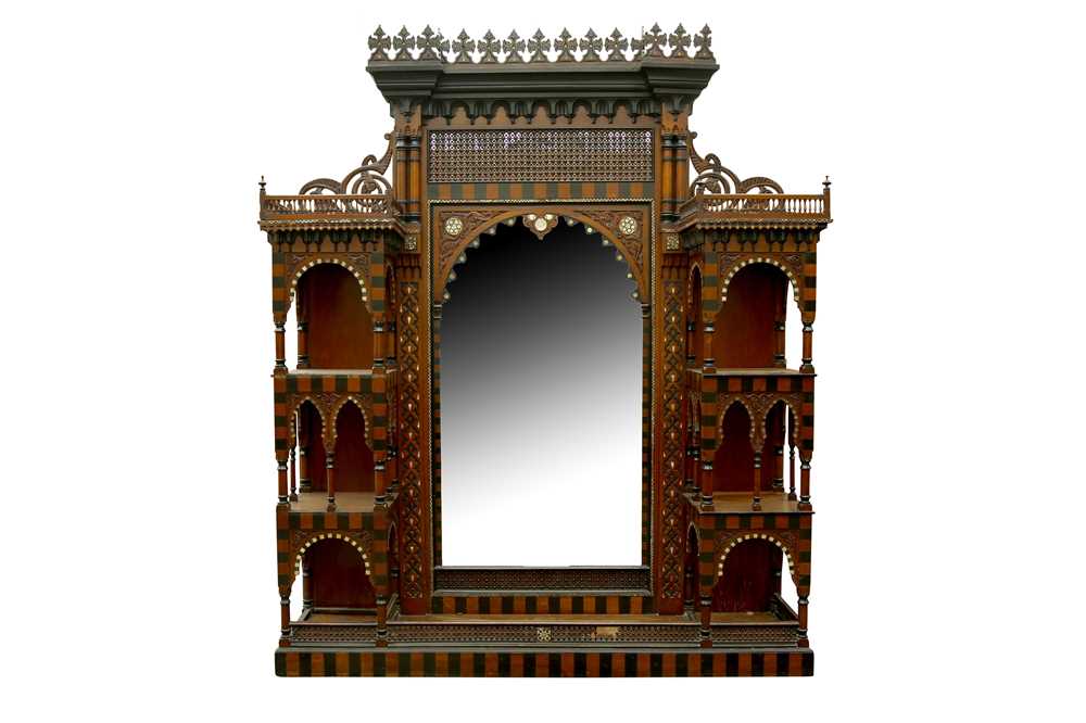Lot 636 - λ AN IMPRESSIVE MOTHER-OF-PEARL AND BONE-INLAID ORIENTALIST MASHRABIYA-STYLE WALL PANEL WITH MIRROR