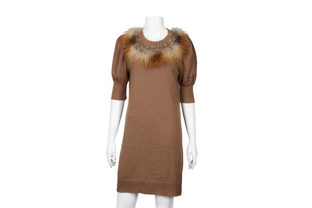 Lot 354 - Fendi Beige Fur Trim Knit Jumper Dress - Size 44