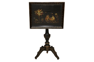 Lot 250 - AN ENGLISH BLACK JAPANNED TILT TOP TRAY TABLE, 19TH CENTURY