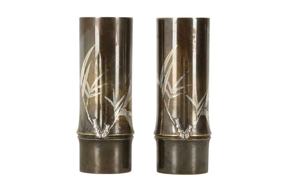 Lot 494 - A PAIR OF JAPANESE MIX METAL ‘BAMBOO’ VASES.