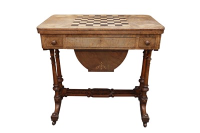 Lot 569 - A LATE VICTORIAN WALNUT FOLDOVER GAMES TABLE