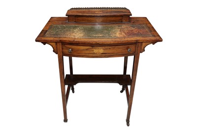 Lot 581 - AN EDWARDIAN SHERATON REVIVAL ROSEWOOD BOW FRONT WRITING TABLE