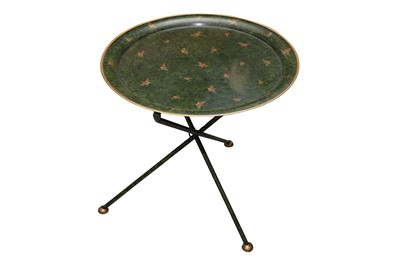Lot 179 - A REGENCY STYLE GREEN TOLEWARE FOLDING OCCASIONAL TABLE, OF RECENT MANUFACTURE