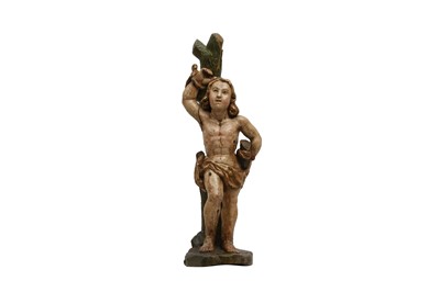 Lot 447 - A CONTINENTAL POLYCHROMED CARVED WOOD FIGURE OF ST. SEBASTIAN, POSSIBLY GERMAN/FLEMISH, LATE 16TH/17TH CENTURY