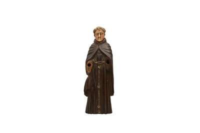Lot 459 - A CARVED WOOD AND IVORY FIGURE OF A MONK, INDO-PORTUGESE, 18TH CENTURY