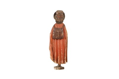 Lot 456 - A CONTINENTAL POLYCHROMED AND CARVED WOOD FIGURE OF TALL PRILGRIM, 17TH/18TH CENTURY