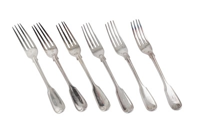 Lot 308 - A SET OF SIX VICTORIAN STERLING SILVER TABLE FORKS, LONDON 1852/60 BY GEORGE ADAMS OF CHAWNER AND CO