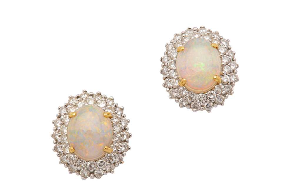 Lot 89 - A pair of opal and diamond cluster earrings
