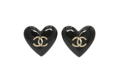 Lot 333 - Chanel Black CC Heart Pierced Earrings