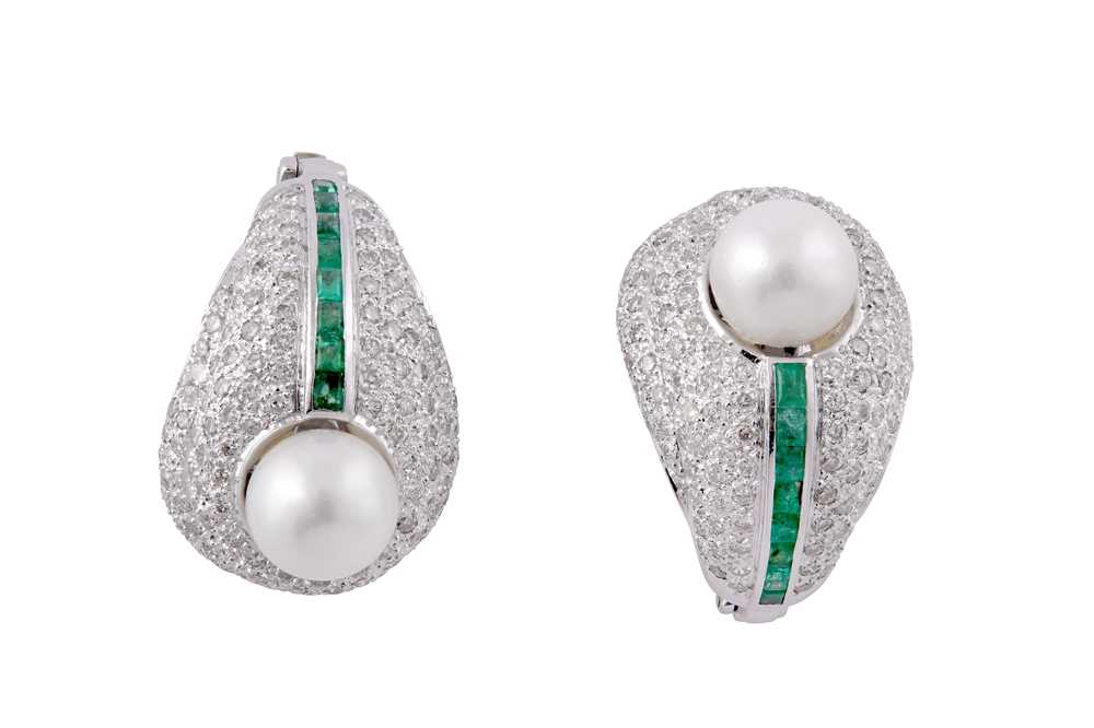 Lot 101 - A cultured pearl, diamond and emerald pair of earrings