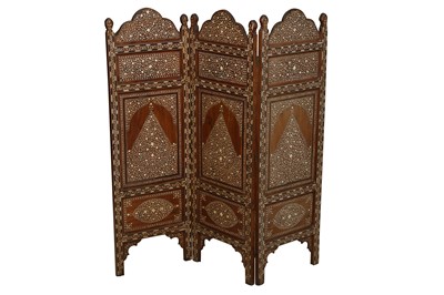 Lot 1052 - A HARDWOOD AND BONE INLAID THREE FOLD SCREEN, POSSIBLY SYRIAN,  LATE 19H/EARLY 20TH CENTURY