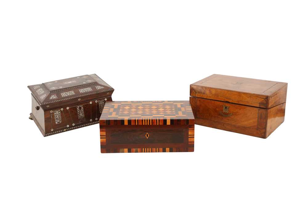 Lot 510 - A ROSEWOOD AND SPECIMEN WOOD RECTANGULAR BOX, 19TH CENTURY AND LATER