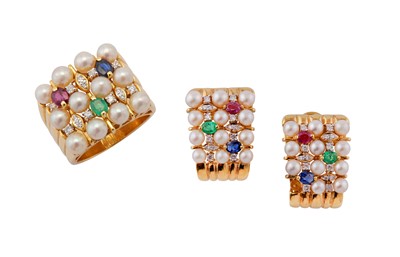 Lot 66 - A multi gem-set ring and earrings suite