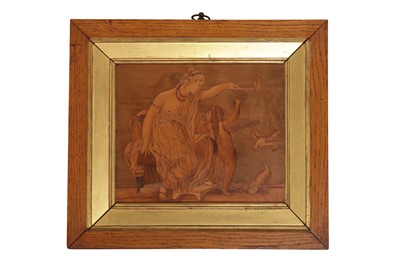 Lot 503 - A CONTINENTAL MARQUETRY PANEL OF A CLASSICAL MAIDEN, 19TH CENTURY