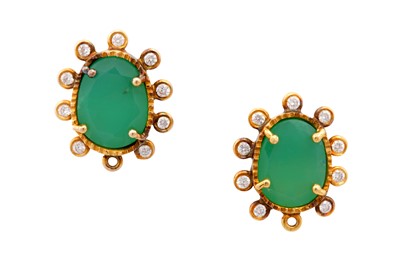 Lot 118 - Noor l A pair of aventurine quartz, yellow sapphire and diamond pendent earrings