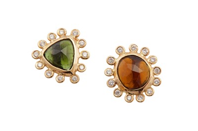 Lot 121 - Noor l A pair of green tourmaline, citrine and diamond earstuds