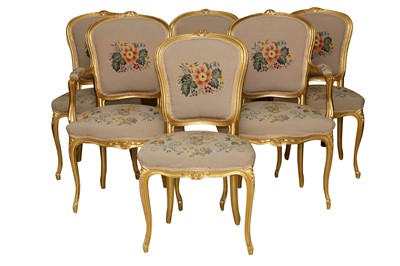 Lot 589 - A SET OF SIX LOUIS XV STYLE GILTWOOD CHAIRS, 1970S