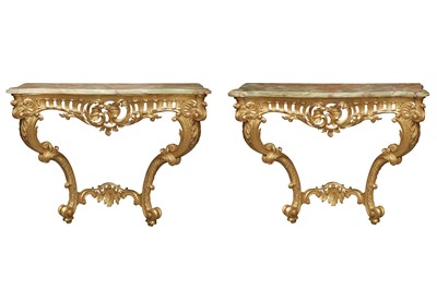Lot 624 - A PAIR OF BAROQUE STYLE GILTWOOD CONSOLE TABLES, CIRCA 1970