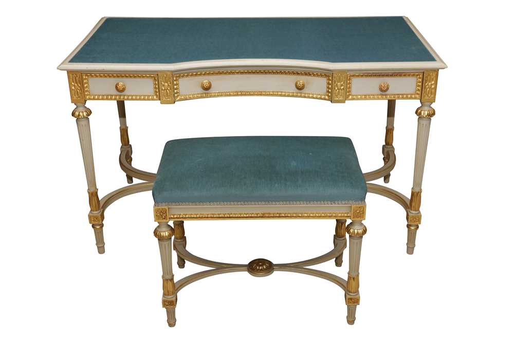 Lot 580 - A LOUIS XVI STYLE PAINTED AND PARCEL GILT DRESSING TABLE AND STOOL, CIRCA 1970
