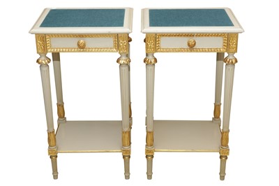 Lot 867 - A PAIR OF PAINTED AND PARCEL GILT LOUIS XVI STYLE BEDSIDE TABLES, CIRCA 1970
