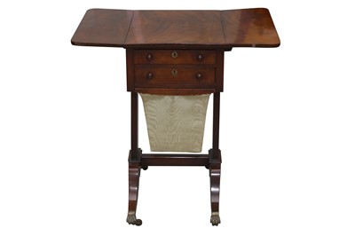 Lot 19 - A FLAME MAHOGANY DROP LEAF WORK TABLE, 19TH CENTURY