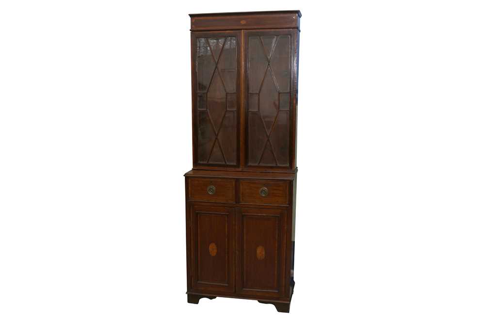 Lot 10 - A LATE 19TH CENTURY AND LATER SHERATON REVIVAL MAHOGANY AND INLAID BOOKCASE