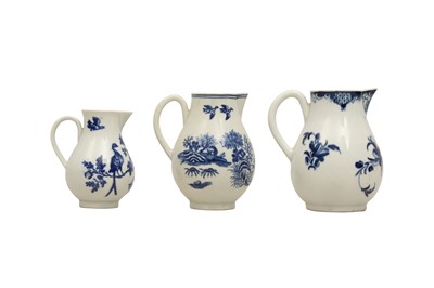 Lot 422 - THREE WORCESTER BLUE AND WHITE PORCELAIN JUGS, 18TH CENTURY