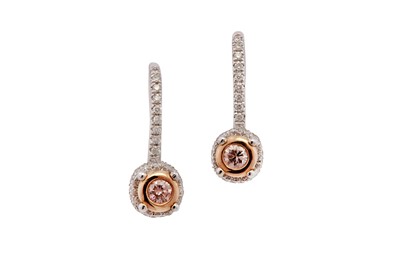 Lot 53 - A pair of coloured diamond and diamond pendent earrings