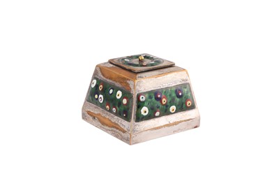 Lot 9 - AN ARTS & CRAFTS SILVER PLATED AND ENAMEL INKWELL
