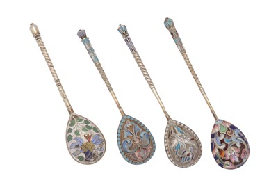 Lot 200 - Four Nicholas II late 19th / early 20th century Russian 84 zolotnik silver gilt and enamel coffee spoons
