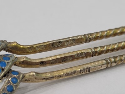 Lot 201 - A set of six Nicholas II early 20th century Russian 84 zolotnik silver and cloisonné enamel coffee spoons, Moscow 1898-1908 by Ivan Kuzmich Yashin (est. 1884)