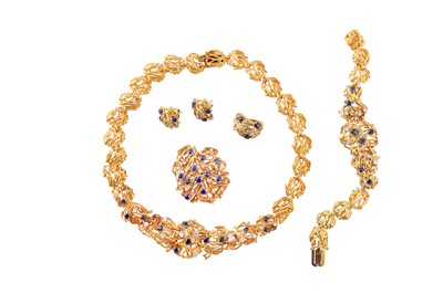 Lot 189 - A sapphire and diamond necklace, ring, earrings, bracelet and brooch suite